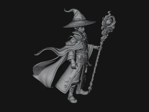 Young Mage with Staff Statue Design 4 - 3D Print Model 3D Print Model