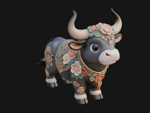 Floral Chibi Ox Statue Design 3 - 3D Print Model 3D Print Model