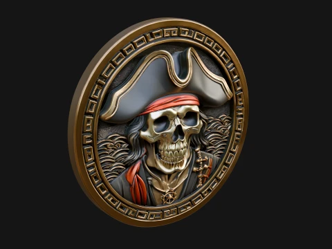 Pirate Skull Relief Medallion Pendant Design 2 - 3D Print Model 3D printmodel