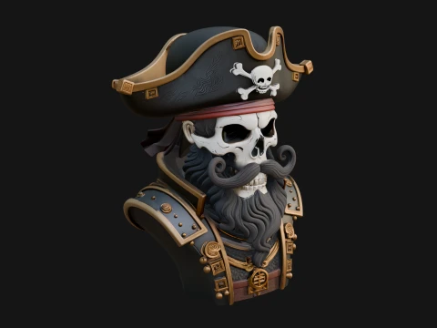 Pirate Skull in Tricorn Bust Statue Design 10 - 3D Print Model 3D Print Model