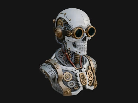 Steampunk Goggle Skull Bust Statue Design 3 - 3D Print Model Modèles 3D en vedette