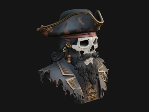 Pirate Skull in Tricorn Bust Statue Design 12 - 3D Print Model Model do druku 3D