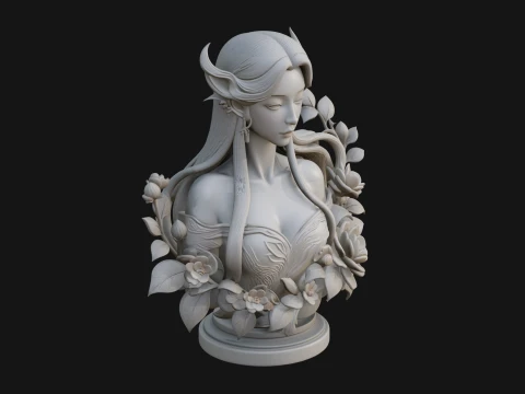 Flower Fairy Bust Statue Design 4 - 3D Print Model 3D Print Model