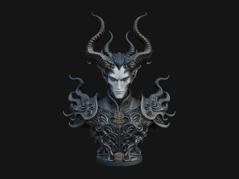 Horned Demon Lord Bust Statue Design 5 - 3D Print Model 3D Print Model