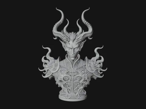 Horned Demon Lord Bust Statue Design 5 - 3D Print Model 3D Print Model