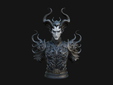 Horned Demon Lord Bust Statue Design 6 - 3D Print Model 3D Print Model