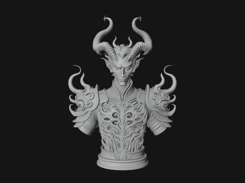 Horned Demon Lord Bust Statue Design 6 - 3D Print Model 3D Print Model