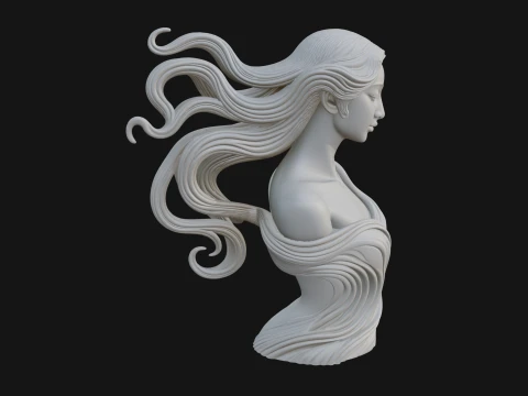Flowing Hair Woman Bust Statue Design 3 - 3D Print Model 3D Print Model