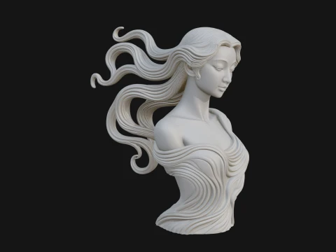 Flowing Hair Woman Bust Statue Design 3 - 3D Print Model 3D Print Model