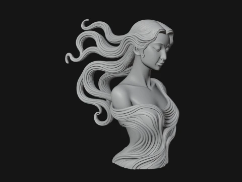 Flowing Hair Woman Bust Statue Design 3 - 3D Print Model 3D Print Model