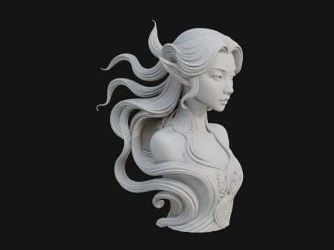 Flowing Hair Woman Bust Statue Design 4 - 3D Print Model 3D Print Model