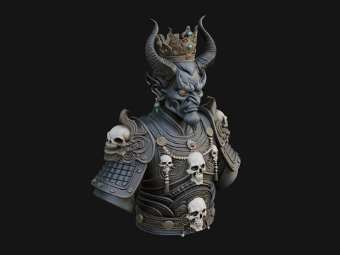 Crowned Horned Demon King Bust Statue Design 1 - 3D Print Model 3D Print Model