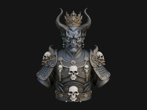 Crowned Horned Demon King Bust Statue Design 1 - 3D Print Model 3D Print Model