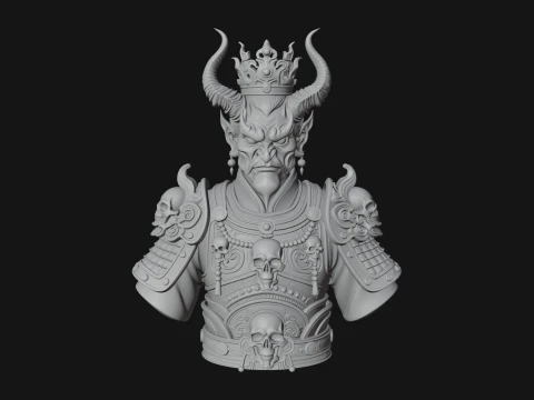 Crowned Horned Demon King Bust Statue Design 1 - 3D Print Model 3D Print Model