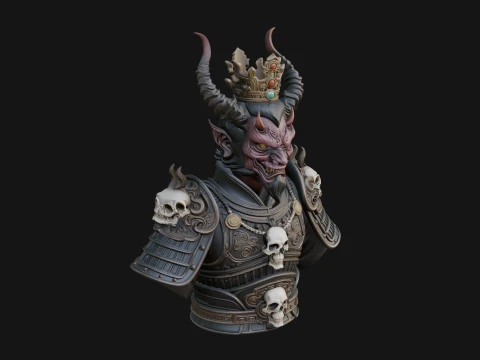 Crowned Horned Demon King Bust Statue Design 2 - 3D Print Model 3D Print Model