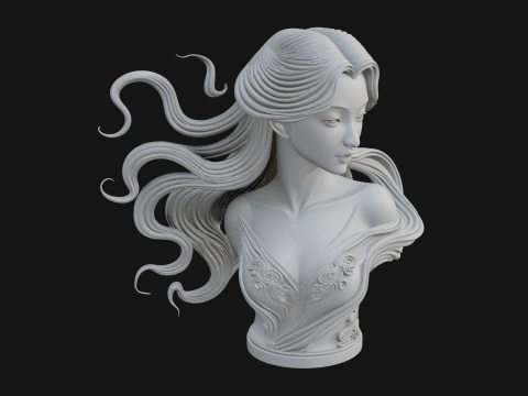 Flowing Hair Woman Bust Statue Design 5 - 3D Print Model 3D Print Model