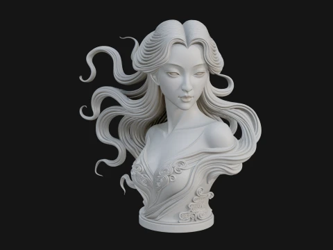 Flowing Hair Woman Bust Statue Design 5 - 3D Print Model 3D Print Model