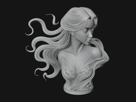 Flowing Hair Woman Bust Statue Design 5 - 3D Print Model 3D Print Model