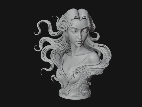Flowing Hair Woman Bust Statue Design 5 - 3D Print Model 3D Print Model