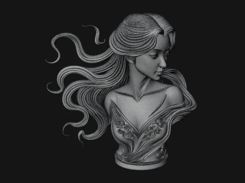Flowing Hair Woman Bust Statue Design 5 - 3D Print Model 3D Print Model