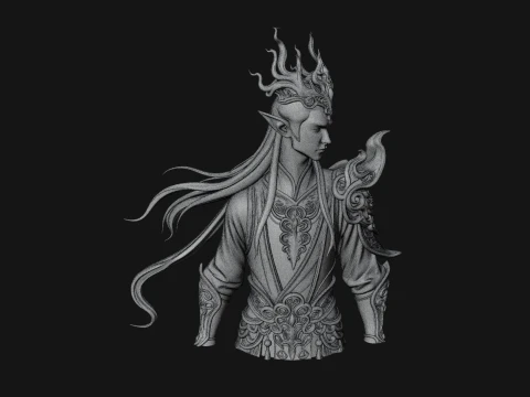 Horned Elf Lord Bust Statue Design 4 - 3D Print Model 3D Print Model