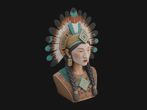 Feathered Headdress Woman Bust Statue Design 1 - 3D Print Model 3D Print Model