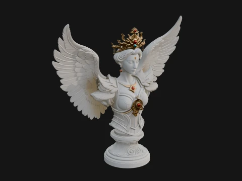 Crowned Winged Angel Bust Statue Design 4 - 3D Print Model 3D Print Model