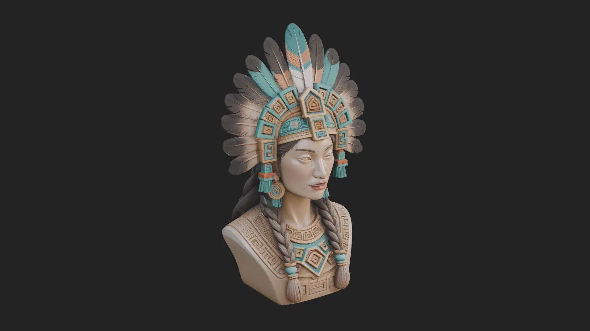 Feathered Headdress Woman Bust Statue Design 2 - 3D Print Model 3D Print Model .c4d .max .obj .3ds .fbx .stl .blend 