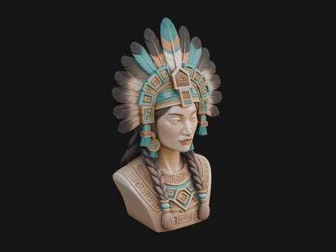 Feathered Headdress Woman Bust Statue Design 2 - 3D Print Model 3D Print Model