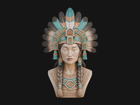 Feathered Headdress Woman Bust Statue Design 2 - 3D Print Model 3D Print Model