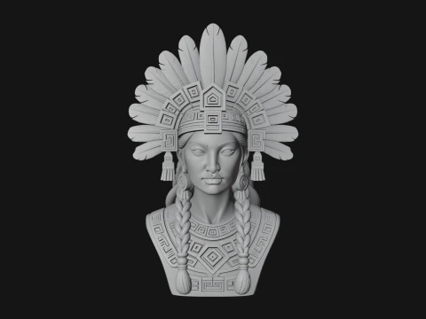 Feathered Headdress Woman Bust Statue Design 2 - 3D Print Model 3D Print Model