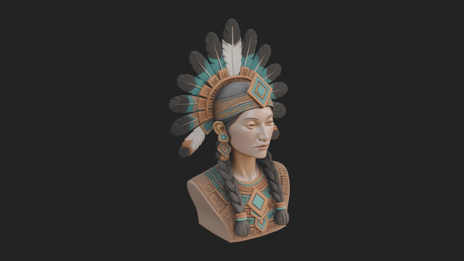 Feathered Headdress Woman Bust Statue Design 3 - 3D Print Model 3D Print Model .c4d .max .obj .3ds .fbx .stl .blend 