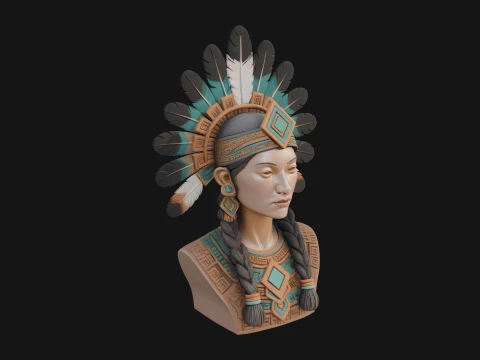 Feathered Headdress Woman Bust Statue Design 3 - 3D Print Model 3D Print Model