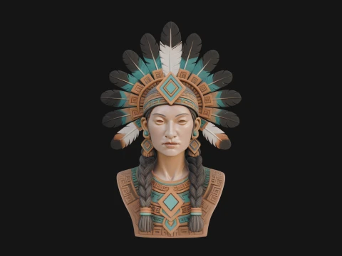 Feathered Headdress Woman Bust Statue Design 3 - 3D Print Model 3D Print Model