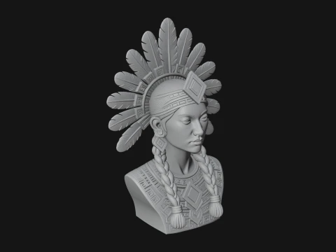 Feathered Headdress Woman Bust Statue Design 3 - 3D Print Model 3D Print Model