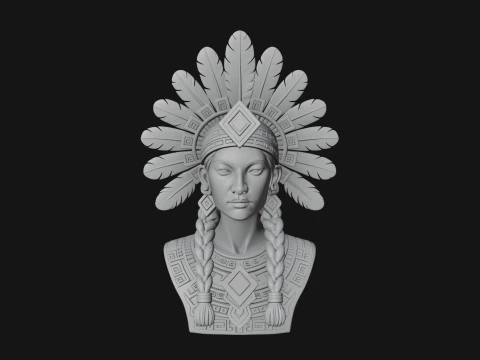 Feathered Headdress Woman Bust Statue Design 3 - 3D Print Model 3D Print Model