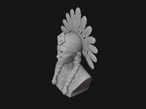 Feathered Headdress Woman Bust Statue Design 3 - 3D Print Model 3D Print Model