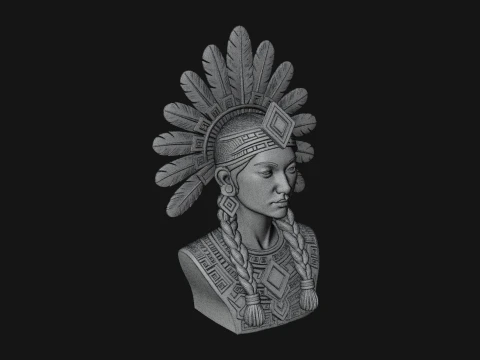 Feathered Headdress Woman Bust Statue Design 3 - 3D Print Model 3D Print Model