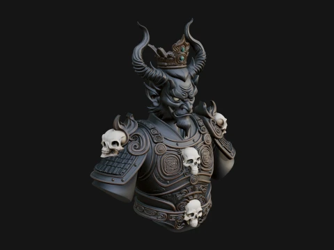 Crowned Horned Demon King Bust Statue Design 3 - 3D Print Model 3D Print Model