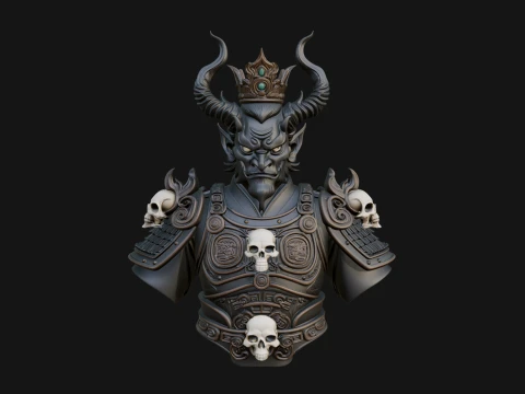 Crowned Horned Demon King Bust Statue Design 3 - 3D Print Model 3D Print Model