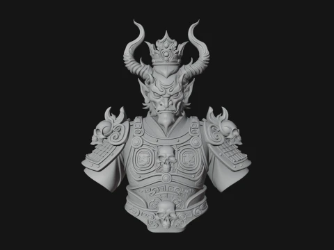 Crowned Horned Demon King Bust Statue Design 3 - 3D Print Model 3D Print Model