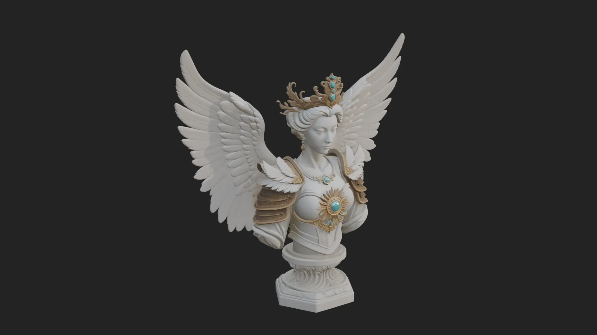 Crowned Winged Angel Bust Statue Design 5 - 3D Print Model 3D Print Model .c4d .max .obj .3ds .fbx .stl .blend 