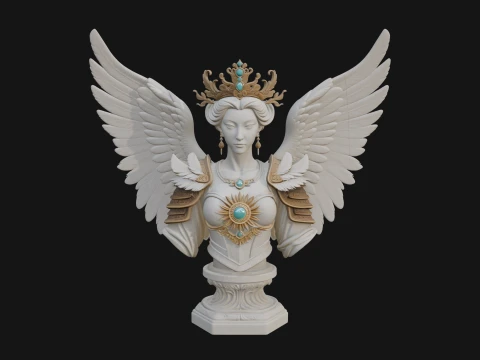 Crowned Winged Angel Bust Statue Design 5 - 3D Print Model 3D Print Model