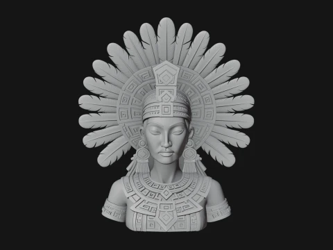 Feathered Headdress Woman Bust Statue Design 5 - 3D Print Model 3D Print Model