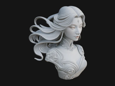 Flowing Hair Woman Bust Statue Design 7 - 3D Print Model Modelo de Impressão 3D
