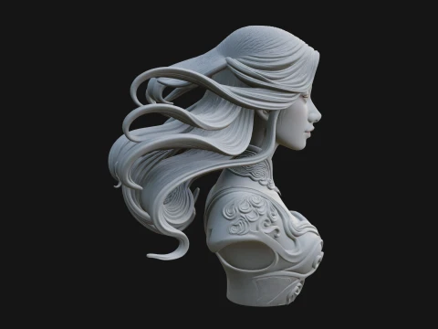 Flowing Hair Woman Bust Statue Design 7 - 3D Print Model 3D Print Model