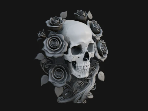 Rose Skull Relief Plaque Design 1 - 3D Print Model 3D Print Model