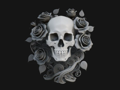Rose Skull Relief Plaque Design 1 - 3D Print Model 3D Print Model