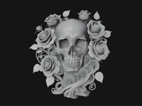 Rose Skull Relief Plaque Design 1 - 3D Print Model 3D Print Model
