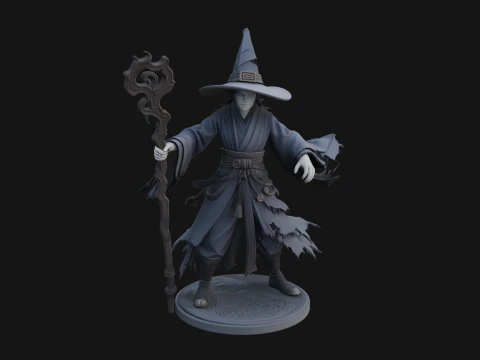 Hooded Wizard with Staff Statue Design 6 - 3D Print Model Modelo de impresión 3D